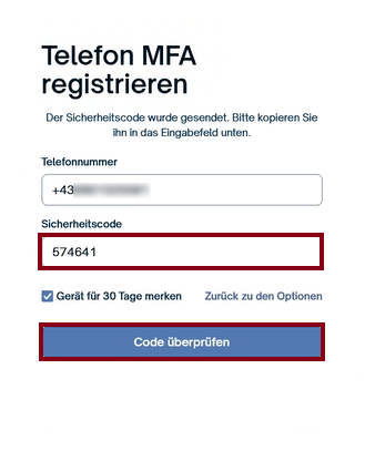 Erhaltenen Code eingeben