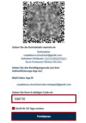 Code eingeben -> Bestätigen