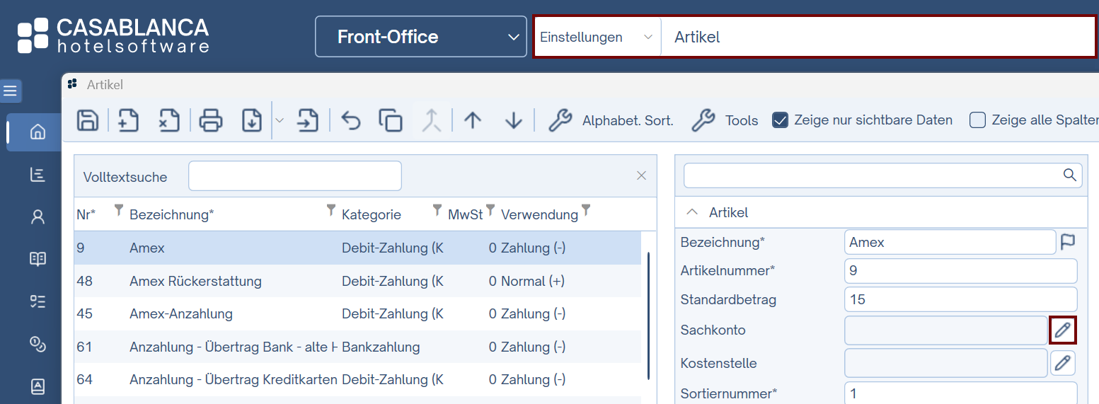 Preis / Artikelverwaltung -> Sachkonten Konfiguration