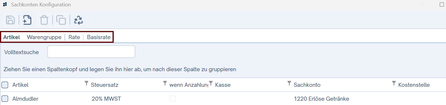Preis / Artikelverwaltung -> Sachkonten Konfiguration / Reiter