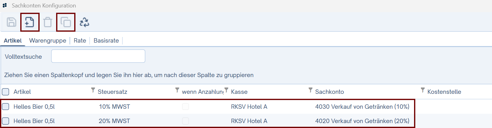 Sachkonten Konfiguration - Zuteilung hinzufügen