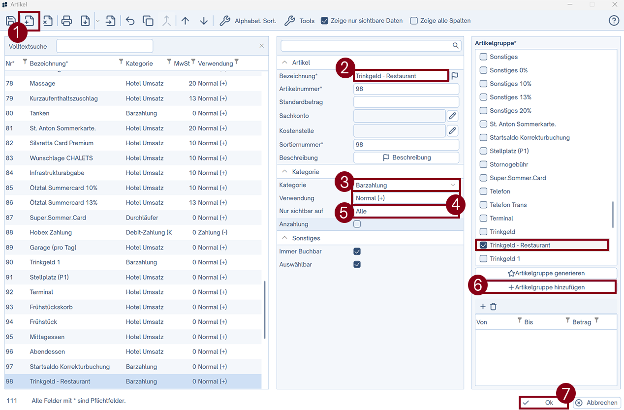 Trinkgeld Artikel anlegen