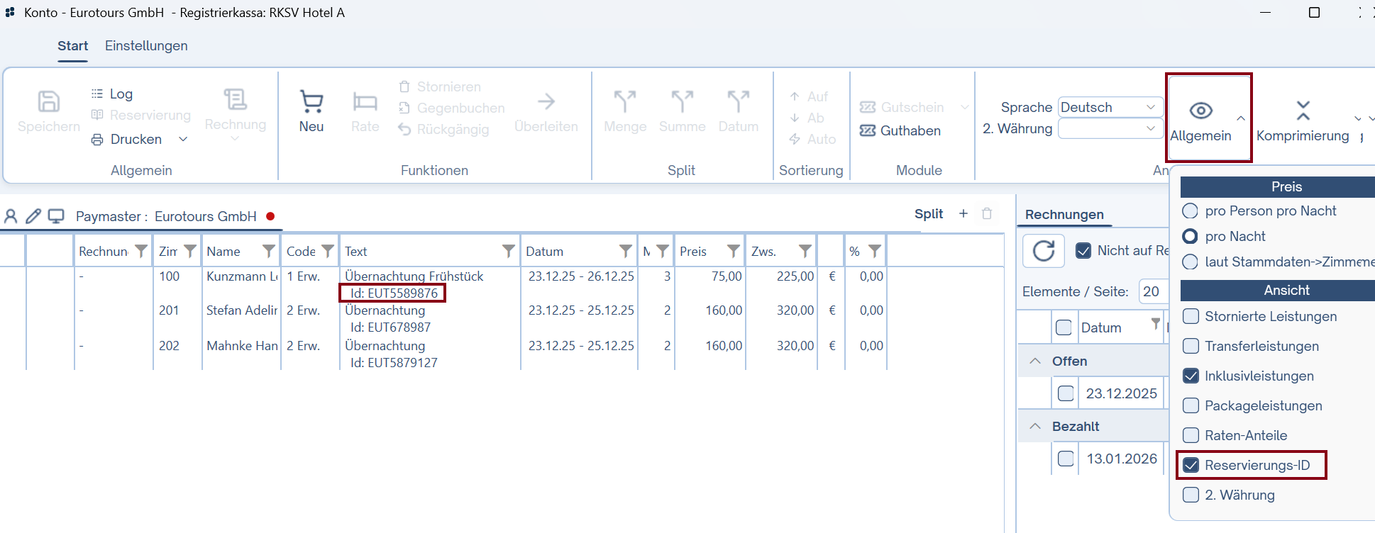 Reserviuerungs-ID sichtbar schalten
