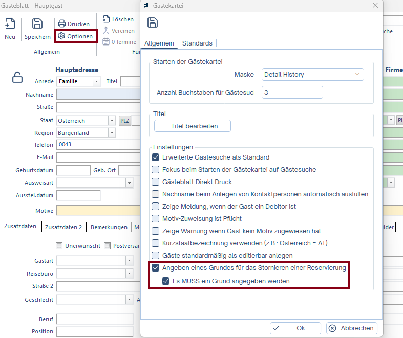 Stornogrund für Buchungen aktivieren