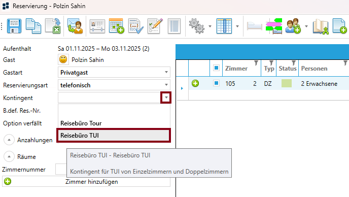 Kontingent der Buchung zuweisen