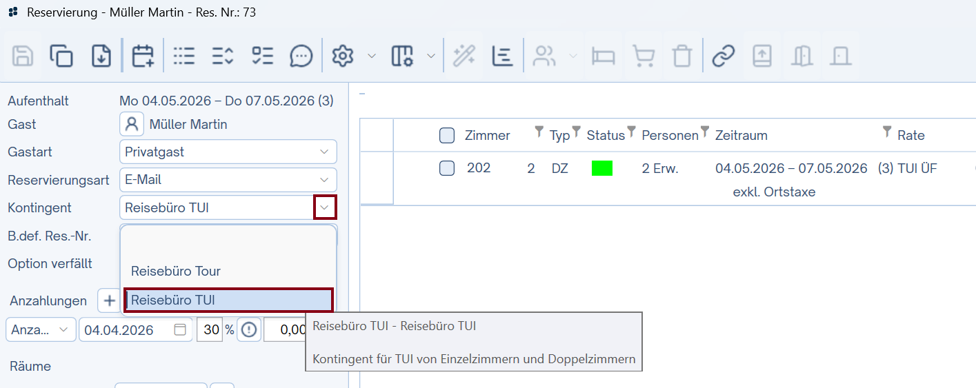 Kontingent der Buchung zuweisen