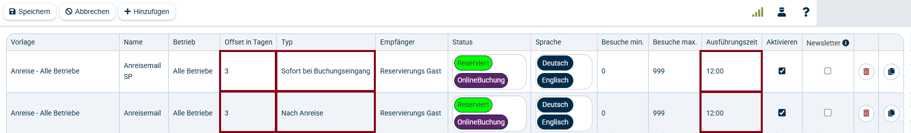 Automailing Sofort bei Buchungseingang