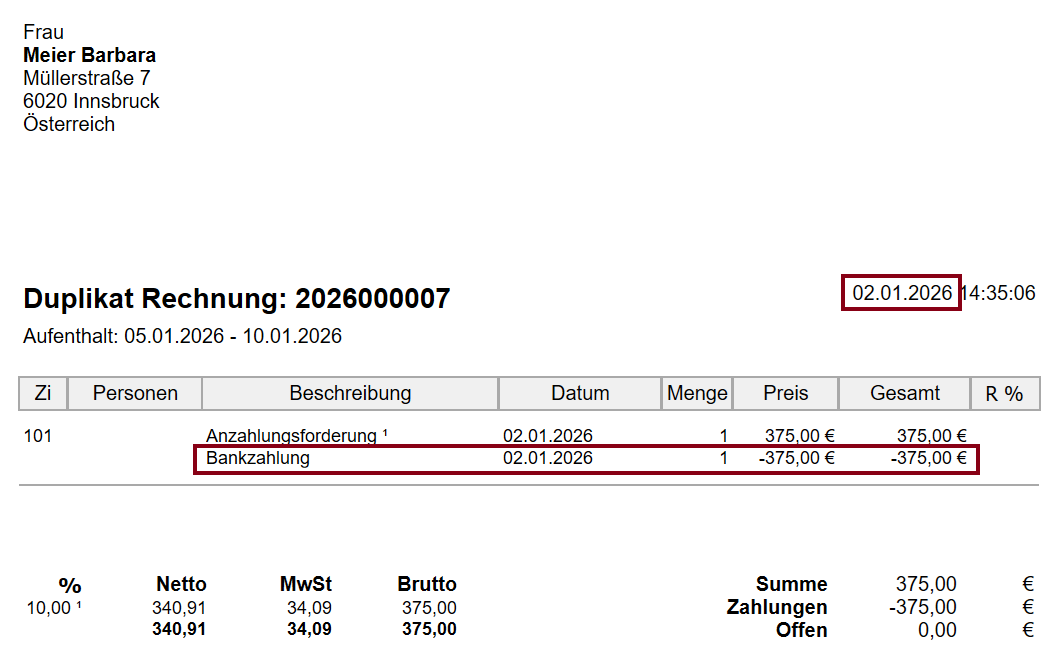 Anzahlung nach Buchungsdatum