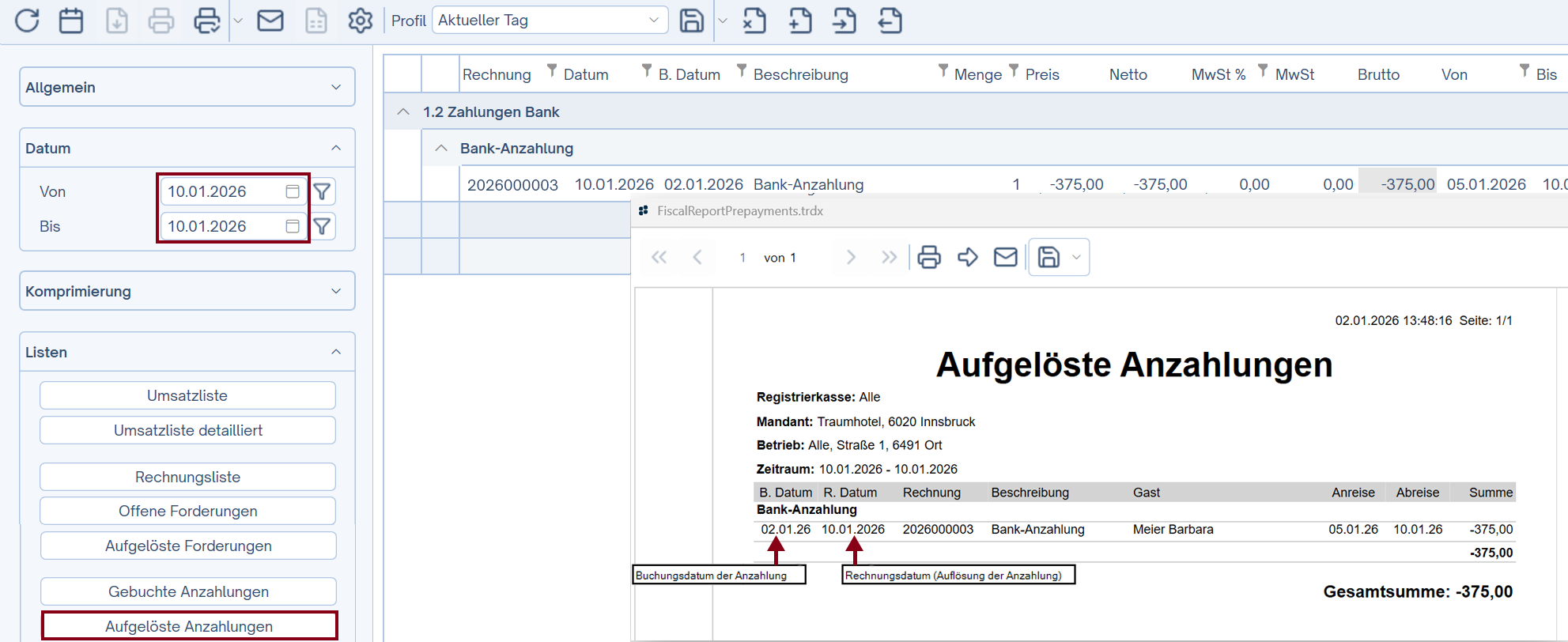 Anzahlung nach Buchungsdatum