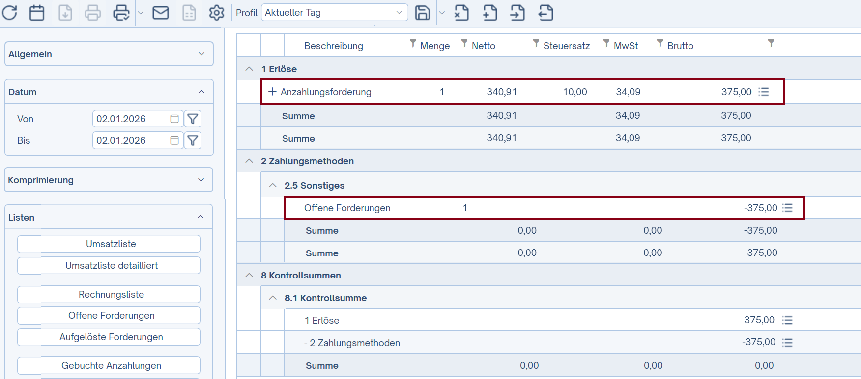 Anzahlung nach Buchungsdatum