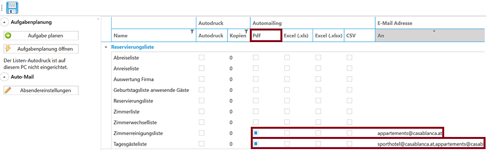Haken setzen für Listen welche gemailt werden sollen