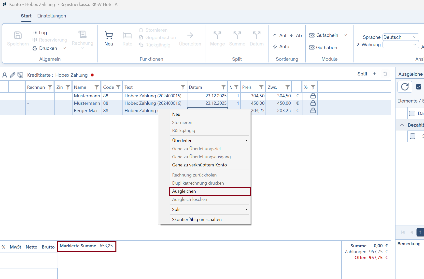 Zahlungen markieren -> ausgleichen