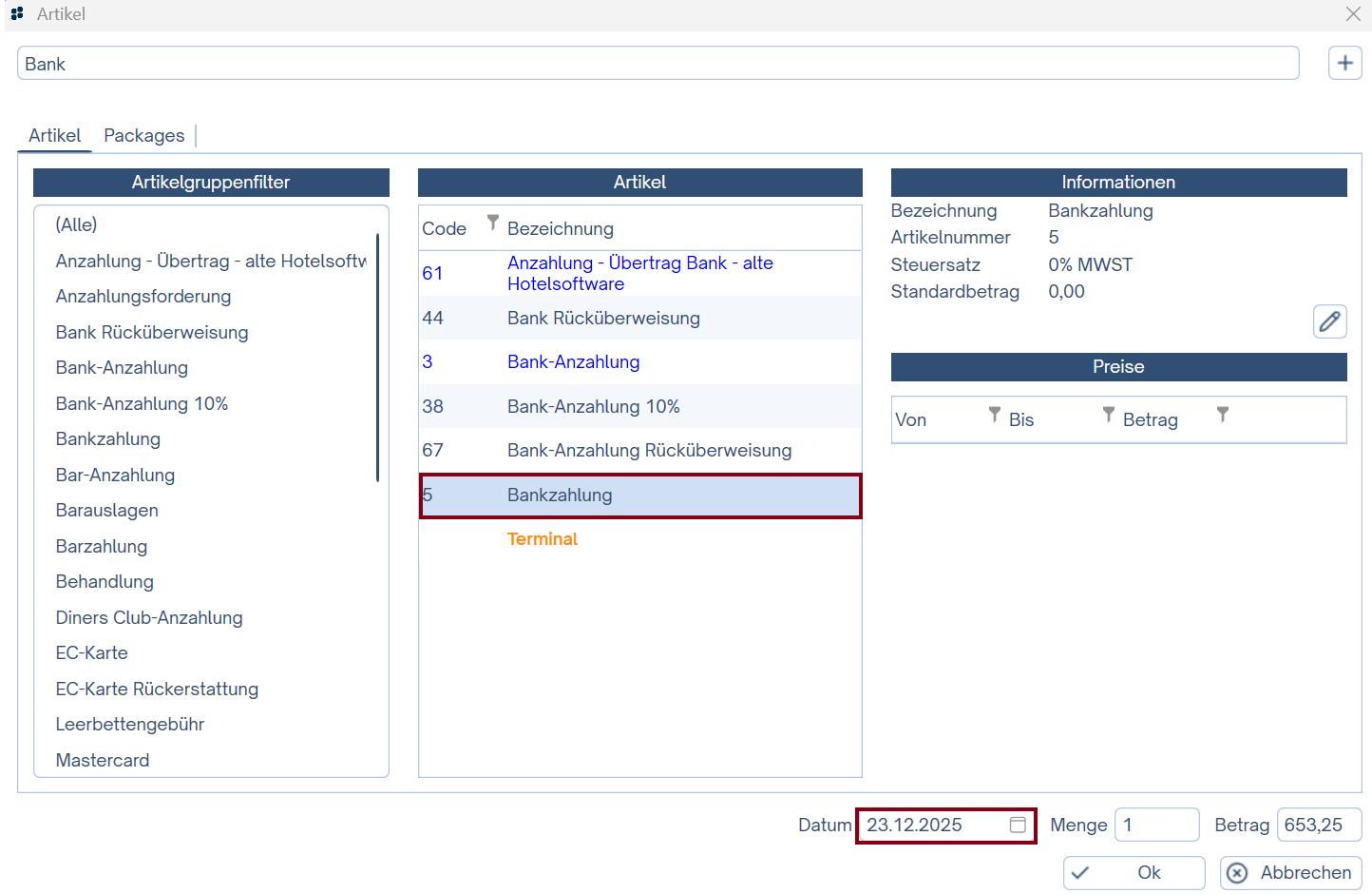 Ausgleich durchführen mit Bankzahlung