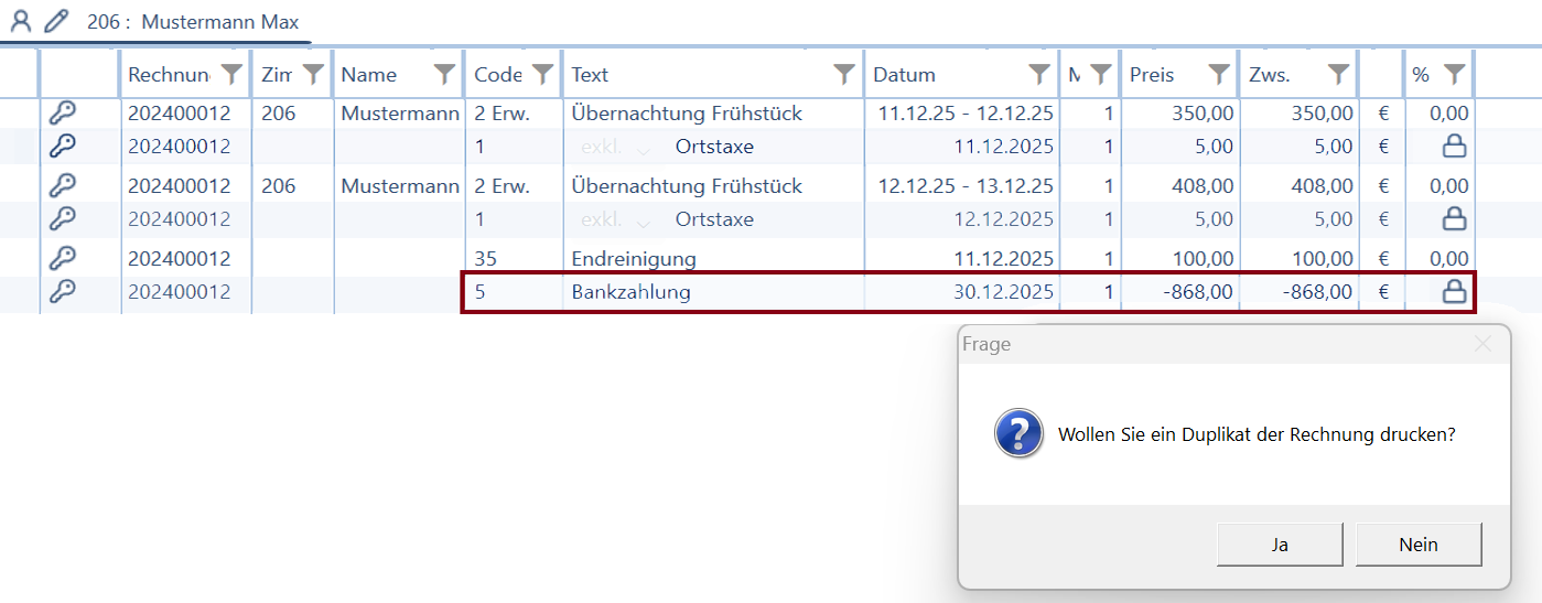 Rechnung ist ausgeglichen und Duplikat kann gedruckt werden