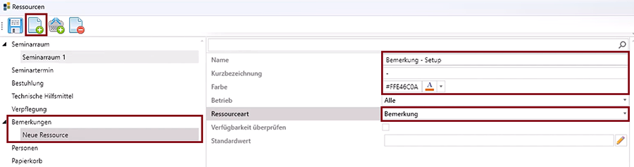 Bemerkung - Setup Ressourcenverwaltung