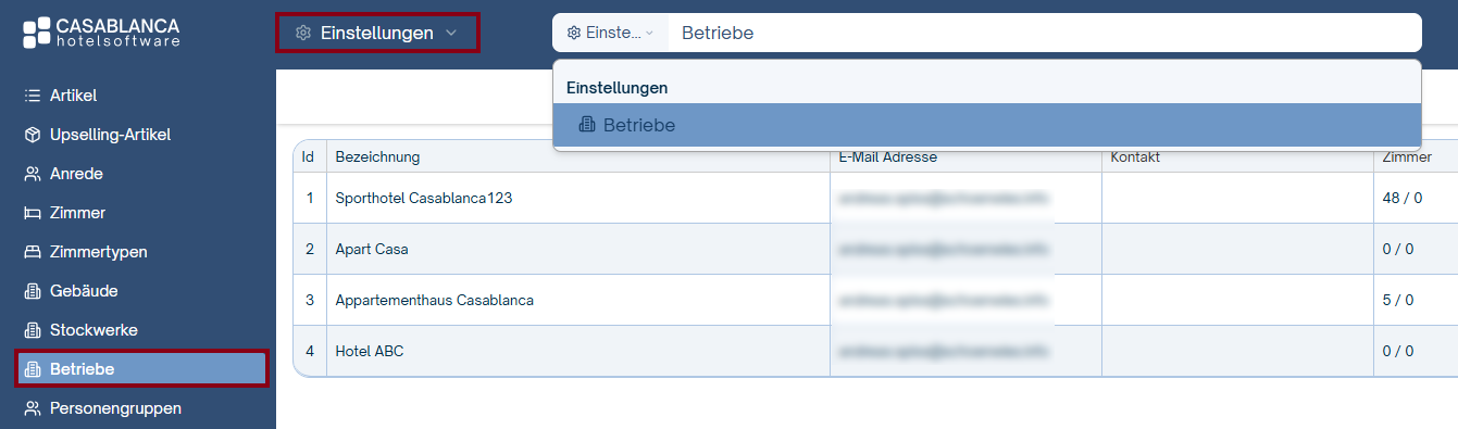 Einstellungen - Betriebe Betriebe
