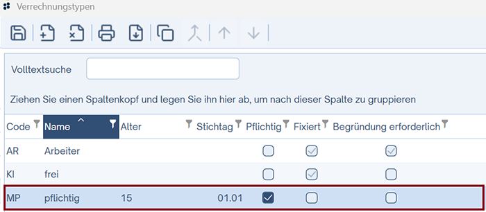 Einstellungen Verrechnungstypen