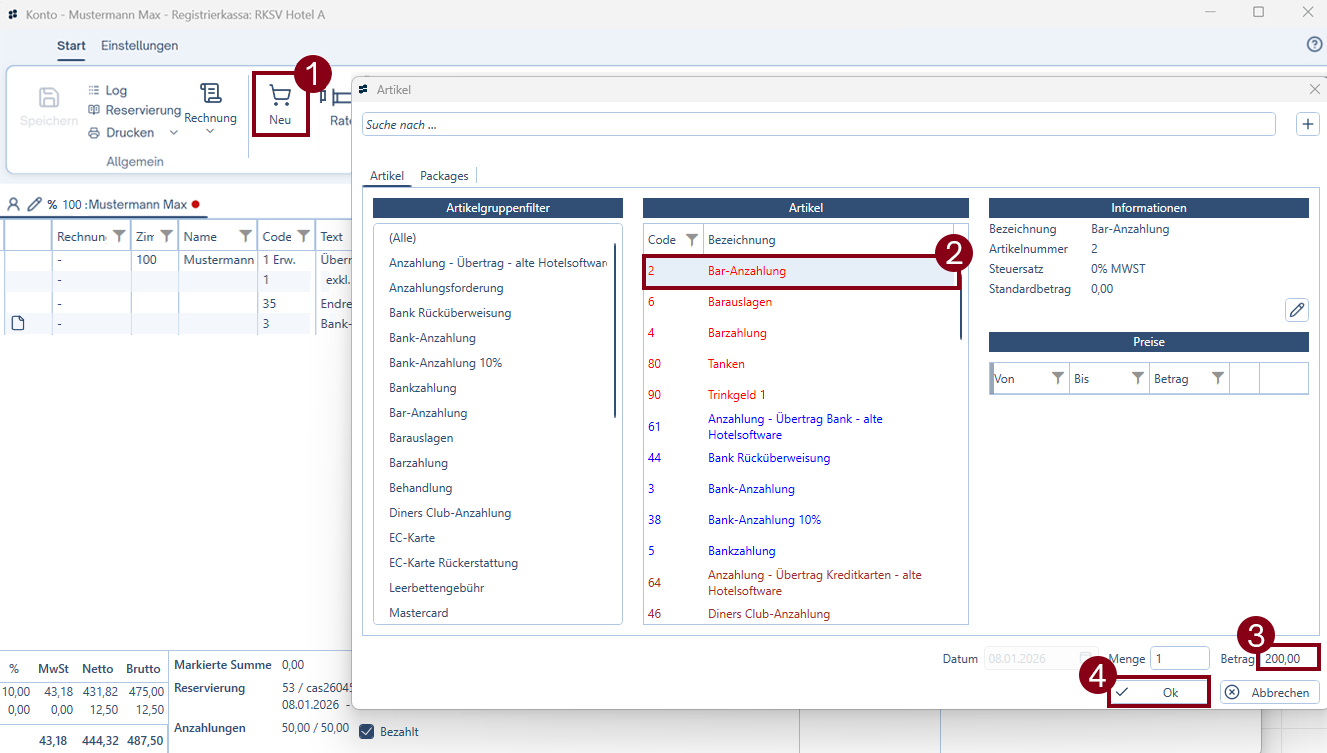 Bar-Anzahlung verbuchen