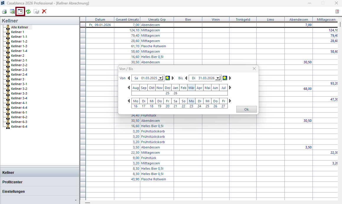 Kellnerumsatz-Liste Point of Sales