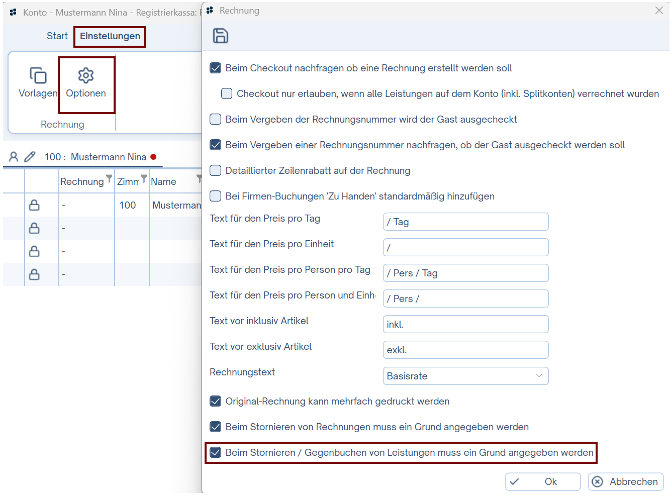 Stornogrund für Leistungen aktivieren