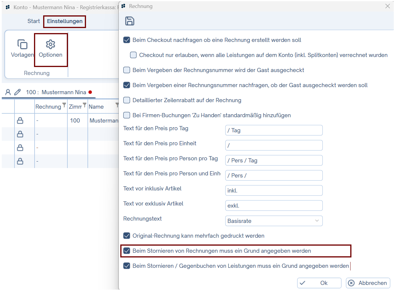 Stornogrund für Rechnungen aktivieren