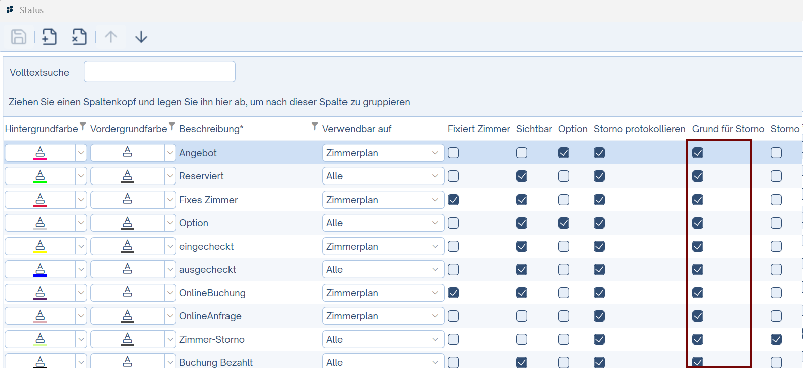Stornogrund für Buchungen pro Status aktivieren