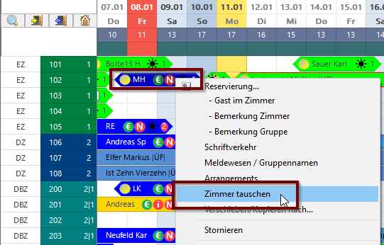 Rechtsklick -> Zimmer tauschen