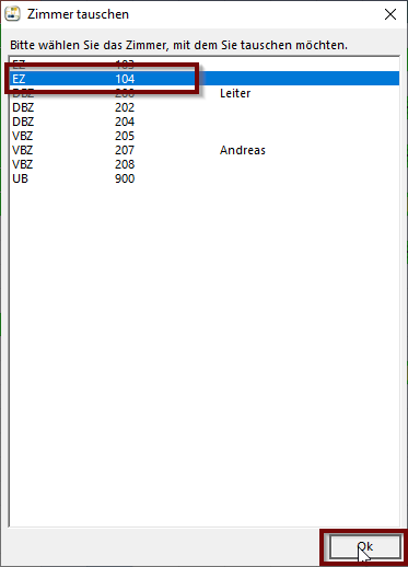 Zimmer auswählen -> mit OK bestätigen