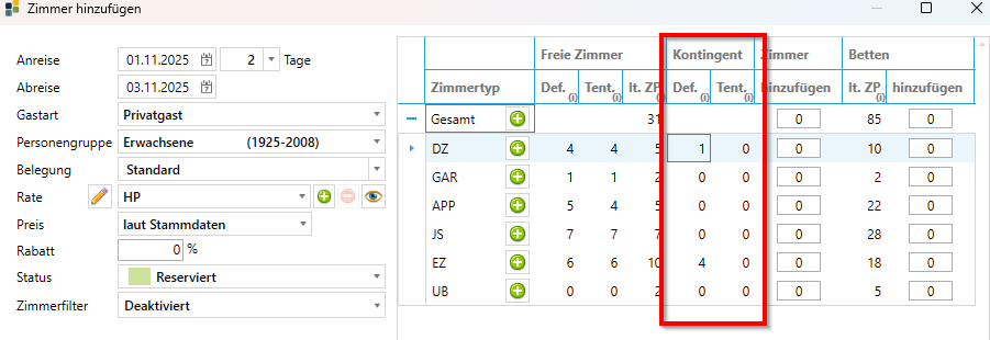 Spalten bei zugewiesenem Kontingent