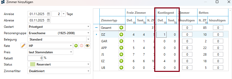 Spalten bei zugewiesenem Kontingent