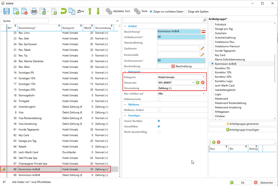 Artikel als Hotelumsatz anlegen Artikel als Hotelumsatz anlegen