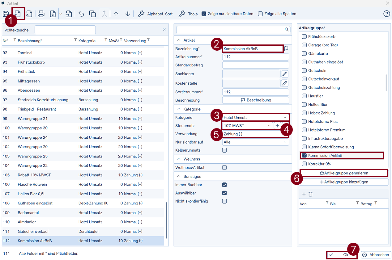 Artikel als Hotelumsatz anlegen