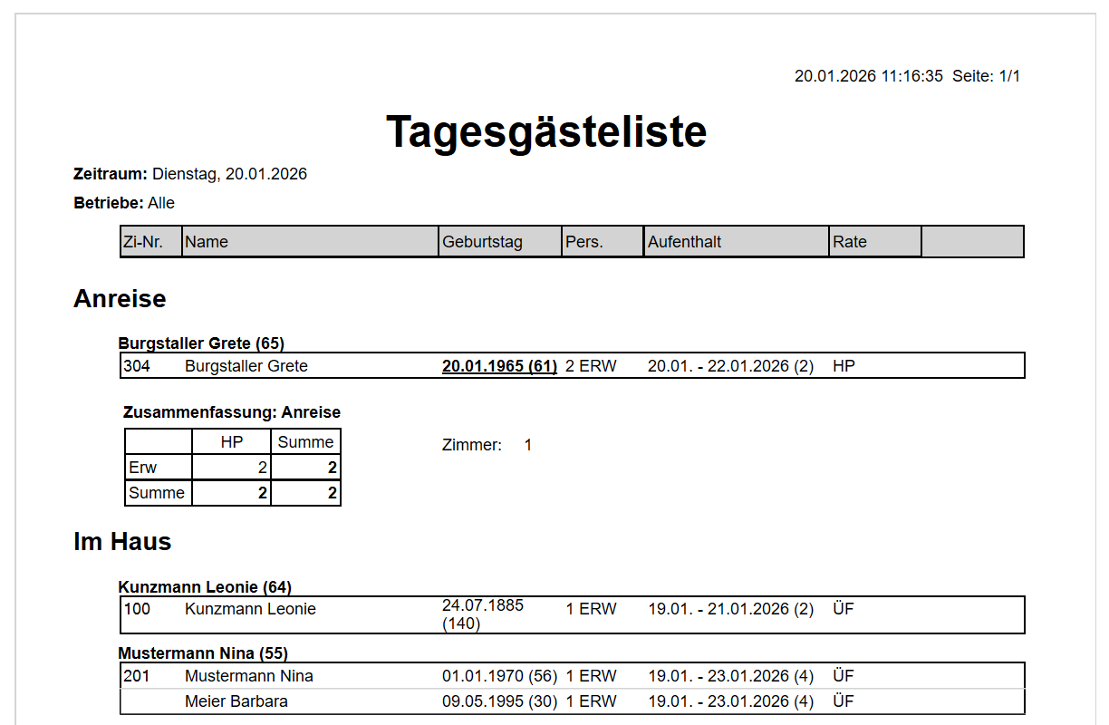 Tagesgästeliste Druck