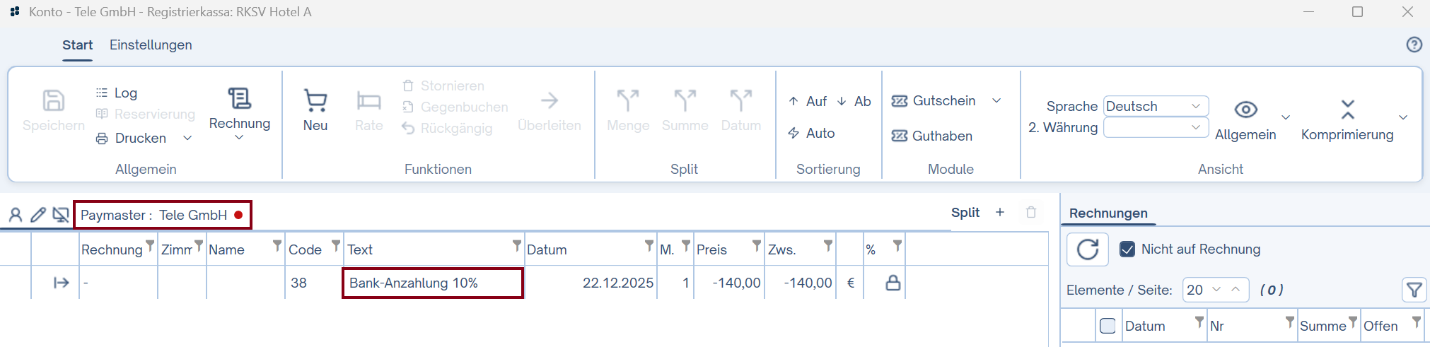 Anzahlung auf einem Debitorkonto geparkt