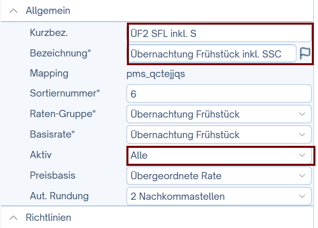 Abgeleitete Rate - Einstellungen