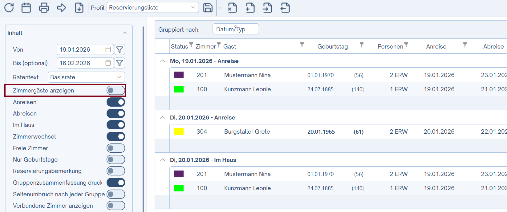 Zimmergäste anzeigen aus