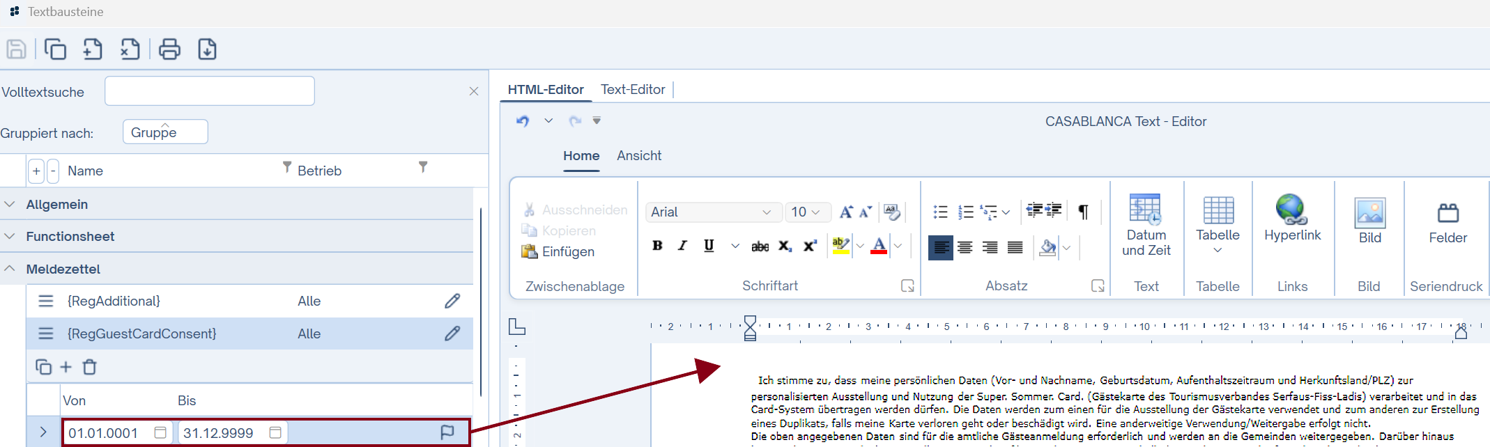Zeitraum anwählen und Text anpassen