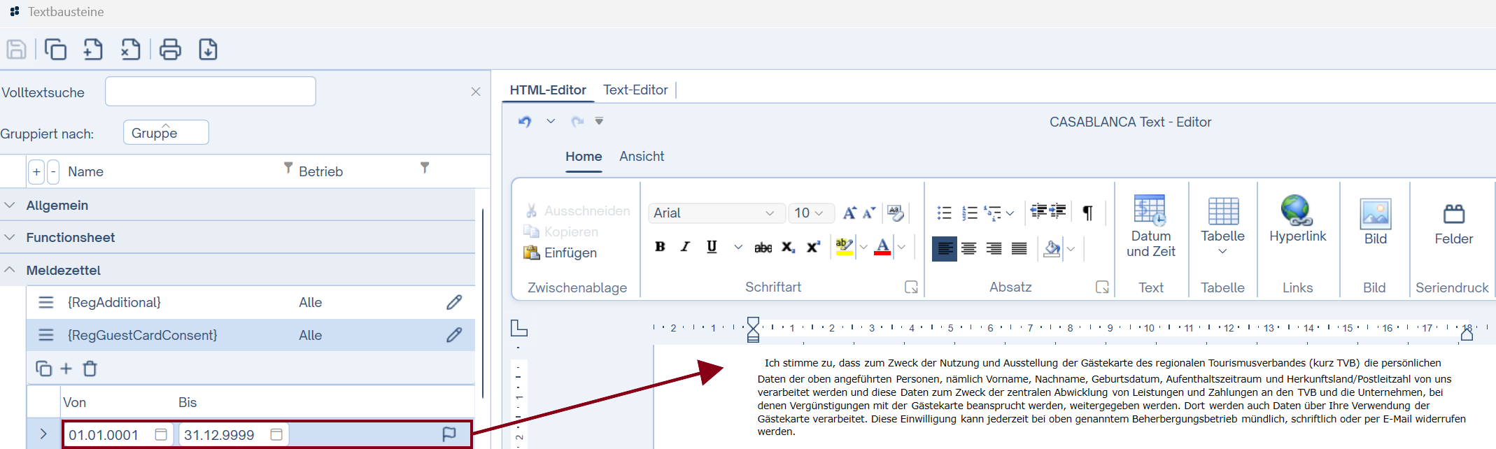 Zeitraum anwählen und Text anpassen