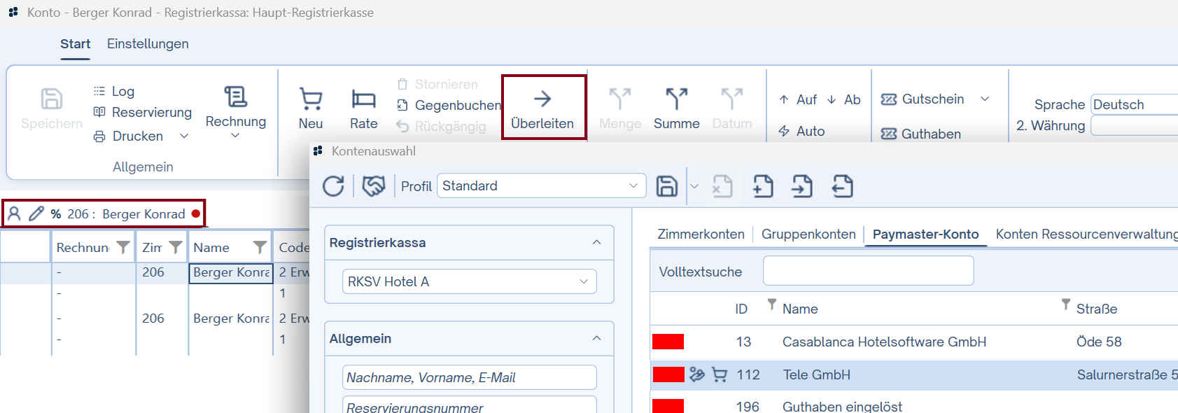 Beispiel Überleiten von Konto eines Gastes mit Verbindung zu unsichtbarem Paymaster
