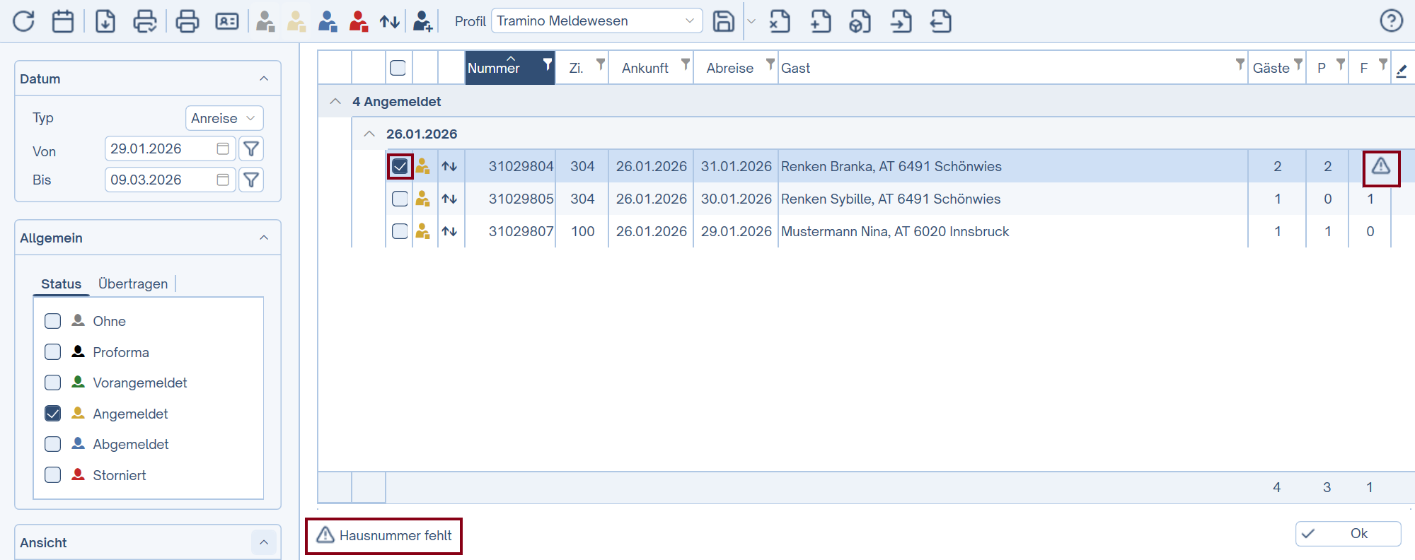 Daten fehlen - Meldezettelliste Daten fehlen - Meldezettelliste