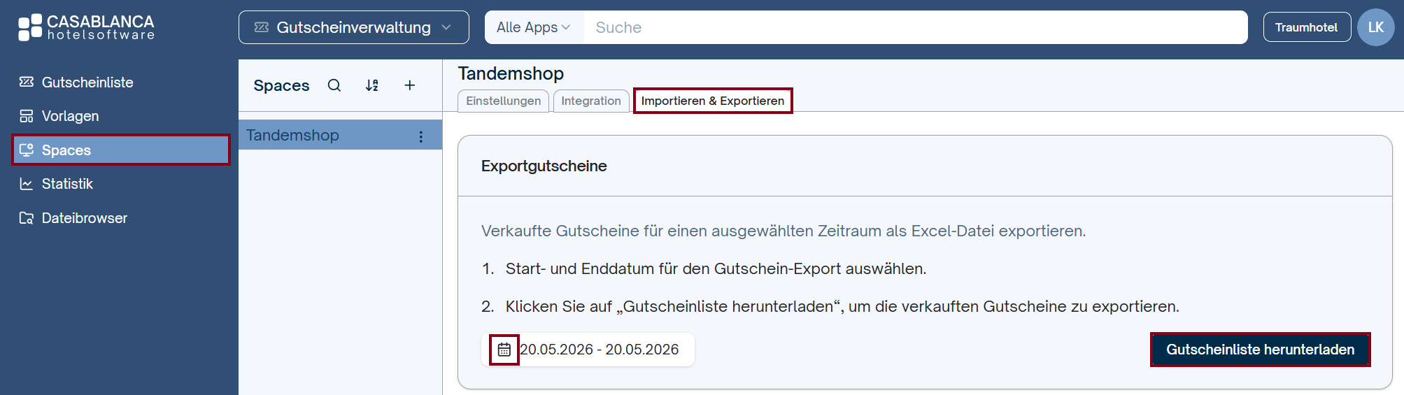 Gutschein-Export Gutscheinverwaltung