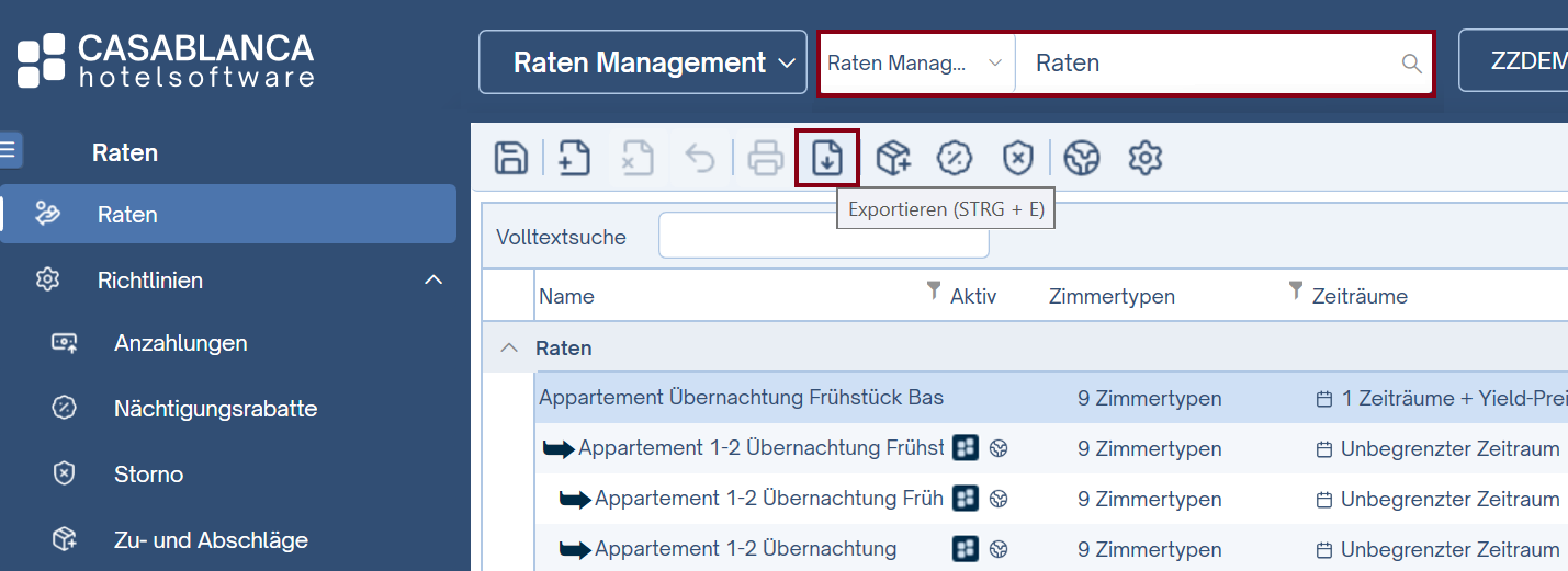 Raten/Pauschalen exportieren