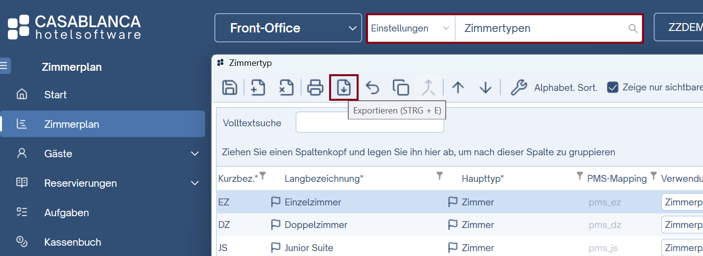 Zimmertypen exportieren