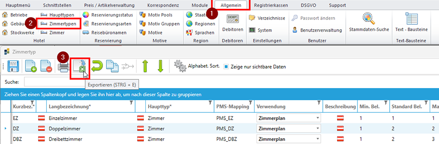 Zimmertypen exportieren