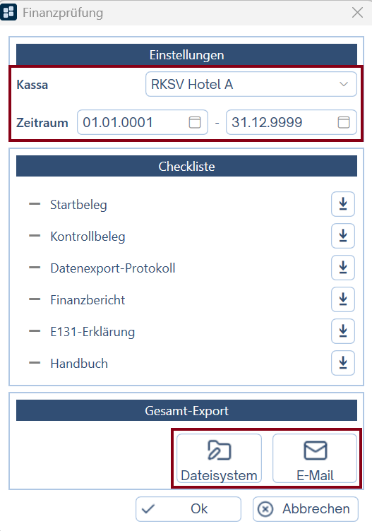 Export RKSV Kassennachschau bzw. Finanzprüfung