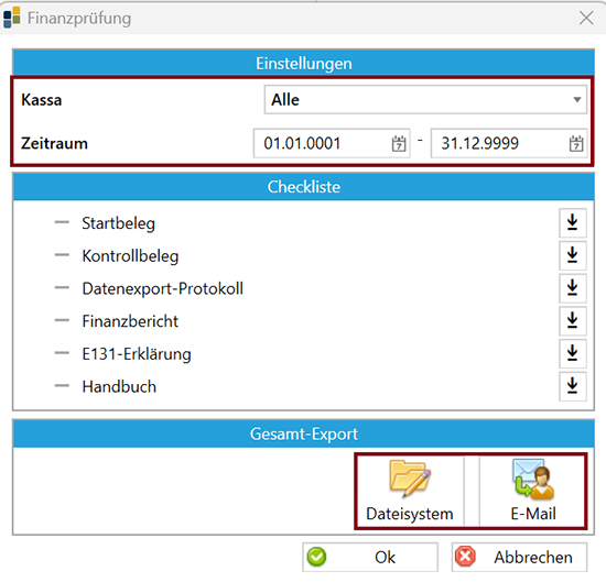 Export RKSV Kassennachschau bzw. Finanzprüfung