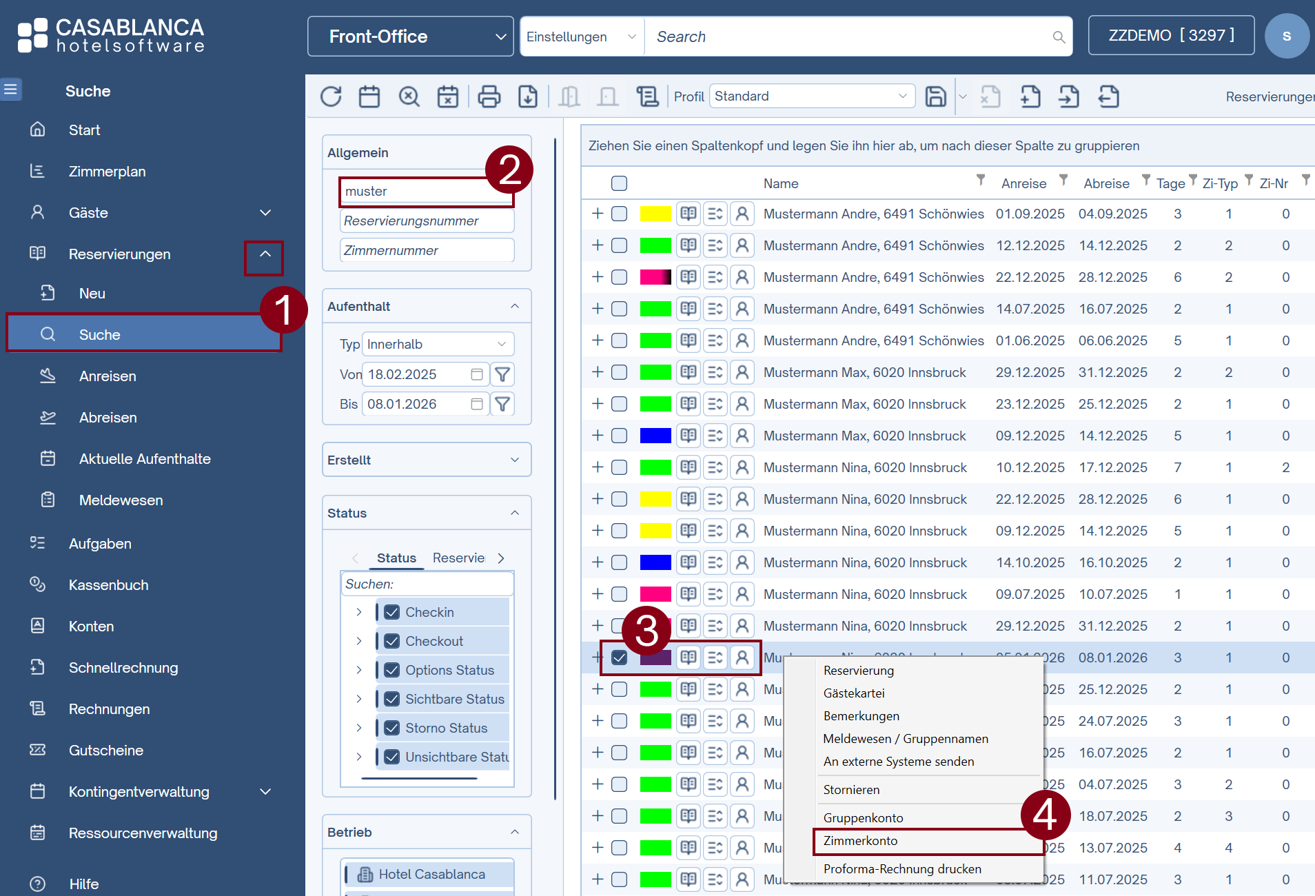 Reservierungssuche -> Buchung finden und auf das Konto wechseln
