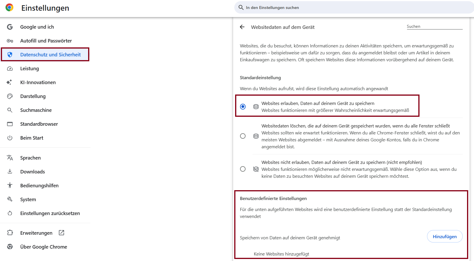 Benutzereinstellungen öffnen
