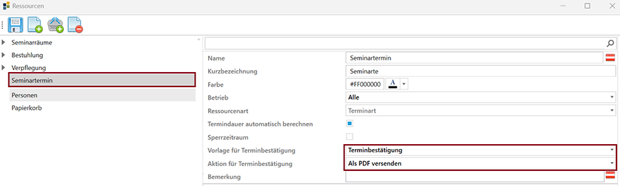 Einstellungen Temine Ressourcenverwaltung