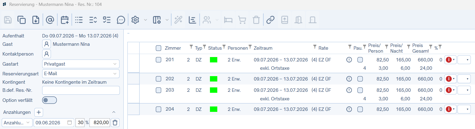 Gruppenreservierung Reservierungsmaske mit allen Zimmern